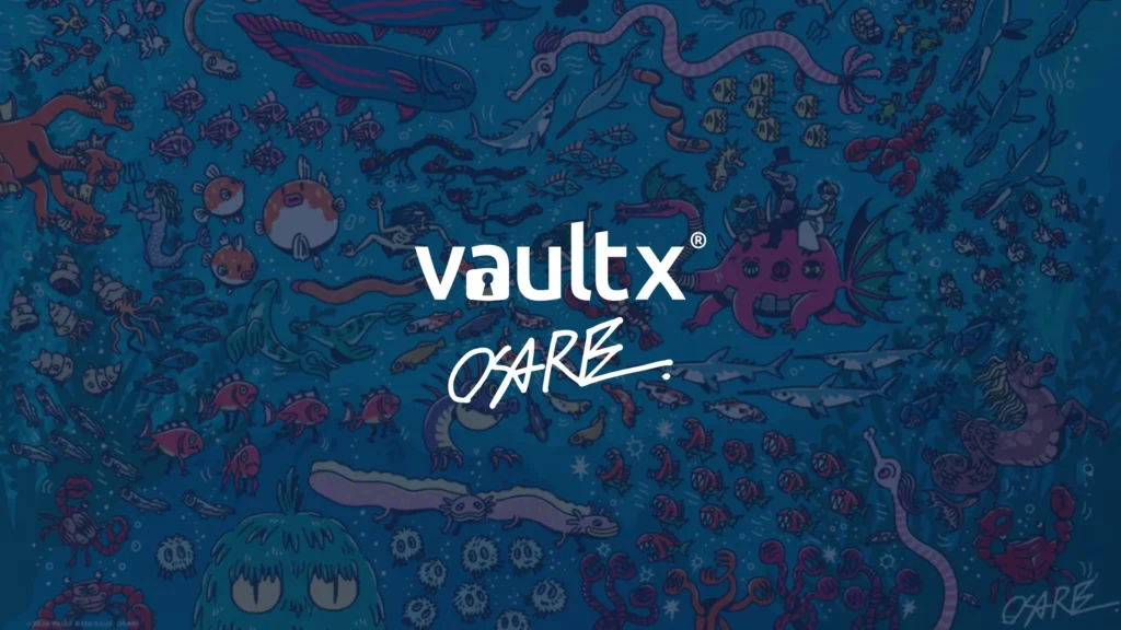 Vault X x Osare logo with Osare's art in the background